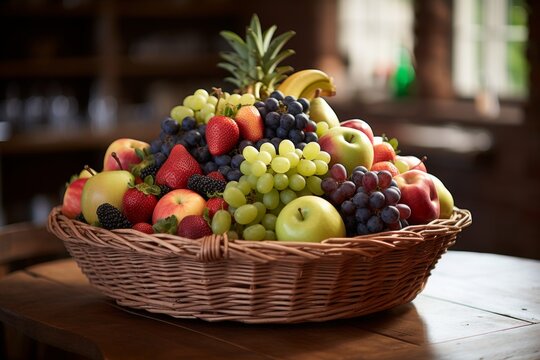 Vibrant arrangement of various juicy fresh fruits in a beautiful decorative basket