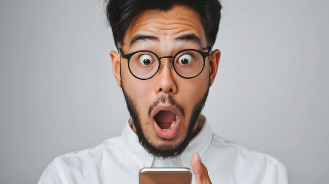 Close up image of a young asian man with beard in white shirt and glasses, looking surprised at cellphone screen