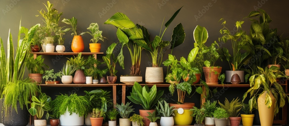 Poster the room is decorated with an array of houseplants in flowerpots placed on shelves, creating a lush 