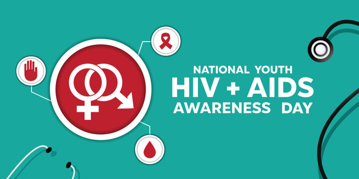 National Youth Hiv Aids Awareness Day. stestoscope, blood, ribbon, hand, Female and male gender symbols. Great for cards, banners, posters, social media and more. Easy blue background. 