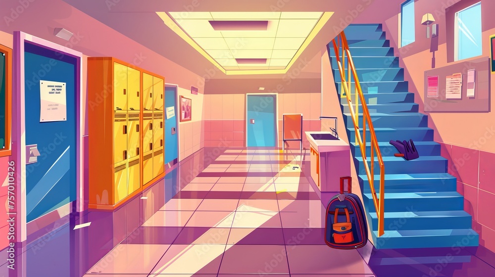 Canvas Prints detailed cartoon illustration showing an empty school hallway with stairs and doors, lockers, backpa