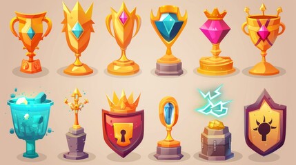 For game UI design, this cartoon modern set contains a variety of gold goblet trophy forms. There is a champion cup, crown with a gem chest and a shield that has a lightning bolt and a bomb attached