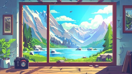 A view of the mountain lake from a chalet window. Modern illustration of a camera on the windowsill, scenery on the wall, lovely summer nature outside the building, river water, clouds above rocky