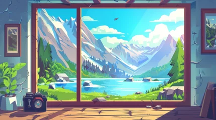 Papier Peint photo Lavable Montagnes A view of the mountain lake from a chalet window. Modern illustration of a camera on the windowsill, scenery on the wall, lovely summer nature outside the building, river water, clouds above rocky