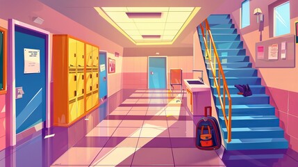 Detailed cartoon illustration showing an empty school hallway with stairs and doors, lockers, backpack and water sink.