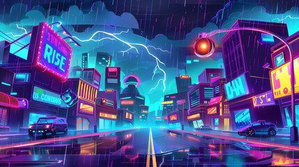 The road leads to a futuristic night city with multistory buildings and neon-lit signs. Modern cartoon of a rainy cityscape of a cyber high-tech downtown.