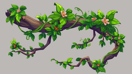Game user interface assets of creeper ivy trees with foliage. Cartoon modern illustration of twisted liana branch with green leaves and flowers.