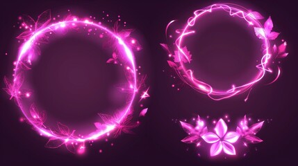 Circular neon elements with swoosh effect and flower petals. Set of glowing swirl circle lines with flying leaves and sparkles. Magic luminous wave wind.