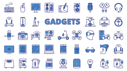 Gadgets icons in line design, blue. PC, gaming, game pad, game box, scales, bathroom scales, bulb, charger, scooter, coffee machine isolated on white background vector. Gadgets editable stroke icons.