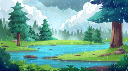A cartoon rainy landscape with a lake or river in the forest on a bad day. Modern illustration with blue water in a pond, green grass, pine trees, cloudy sky with rain.