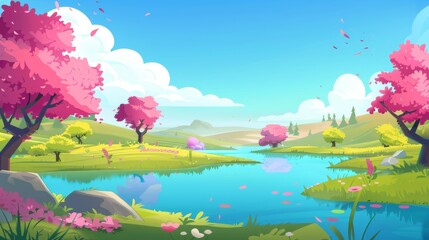 Fototapeta na wymiar In this cartoon, spring landscape is depicted with pink flowering trees surrounding a lake on a sunny day. This is a modern scene with blue water in a pond, green grass on the shore, wildflowers,
