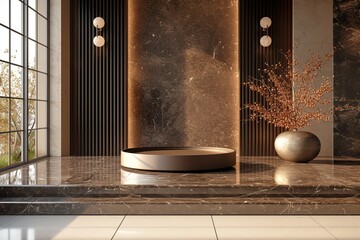 A minimalist podium with a focus on dark, glossy textures