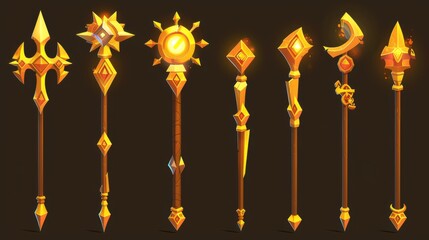 Game level rank ui design for gold metal fantasy scepter. Cartoon modern illustration set of decor evolution of wizard and magician fantastic weapon. RPG asset for wizard enchantment. - obrazy, fototapety, plakaty