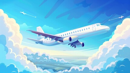 Travel, transportation and vacation services on airliner. Cartoon modern landscape with jet making flight deep in distance. - obrazy, fototapety, plakaty