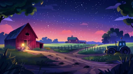 Poster Rural dark agriculture landscape with a red wooden barn and a tractor with turned on headlights on a dirt road. Ranch with a house and transportation in the dusk with stars overhead. © Mark