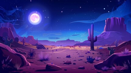 Cartoon illustration of sand dunes in the desert at night. Modern cartoon illustration of midnight western scenery with bright stars glistening in darkness. - obrazy, fototapety, plakaty