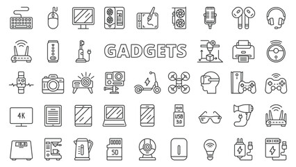 Gadgets icons in line design. PC, gaming, game pad, game box, scales, bathroom scales, bulb, charger, scooter, coffee machine isolated on white background vector. Gadgets editable stroke icons.