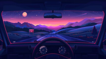 View from car window on road going across meadow to high rocky mountains at night under moonlight. Dark dusk landscape with hills through automobile window with navigation panel.