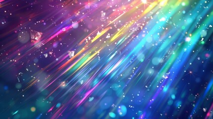 The iridescent flare background with transparent overlay effect is an abstract illustration of the rainbow hologram light by refractions through crystals or prisms. Abstract glass sun reflections