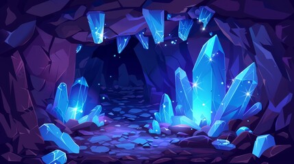 Cave with blue gem crystal clusters in stone walls. Cartoon modern tunnel with diamonds. Rock dungeon mine with sparkling treasure mineral resources.
