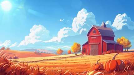 Fototapeten The modern image shows a red wooden barn and pumpkin harvest on an orange field with orange grass and soil under blue skies with bright sun and clouds. This is part of a rural agriculture setting © Mark