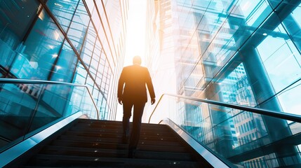 A man, bravely stepping down an intricately designed flight of stairs, explores new horizons and unlocks endless opportunities.