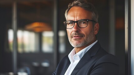 Fototapeta premium Distinguished man wearing glasses leans thoughtfully against a wall, embodying the essence of visionary introspection.