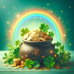 Pot of gold coins, clover leaves and rainbow. St. Patrick's day concept.