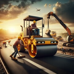 Road construction utilizing a roller compactor and asphalt finisher. - obrazy, fototapety, plakaty