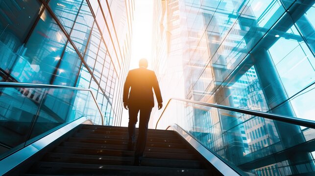A man, bravely stepping down an intricately designed flight of stairs, explores new horizons and unlocks endless opportunities.