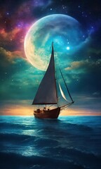 sailboat at night - obrazy, fototapety, plakaty
