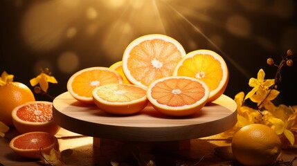 Lemon podium platform for cosmetic display with vitamin c beauty products on wood background