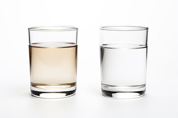 Water in glasses, some clean and some dirty, on a white background.
