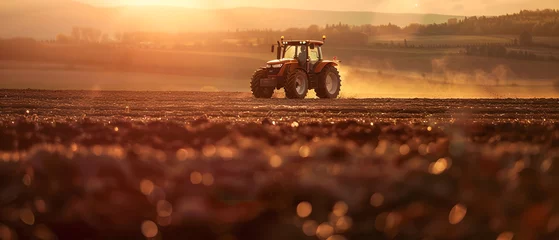 Keuken spatwand met foto Farmland tractor with landscape lush greenery and backdrop a barn and a country. © YUTTADANAI