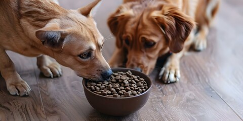 Curious cat and cautious dog cautiously observing the bowl of food. Concept Curious Cat, Cautious Dog, Food Bowl, Animal Interaction, Watchful Eyes