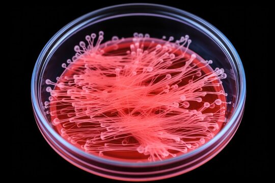 Mixed bacterial colonies, including E. coli, Salmonella, and Enterobacteriaceae, growing on red agar plate.