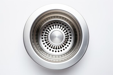 Top view of stainless sink drain on white.