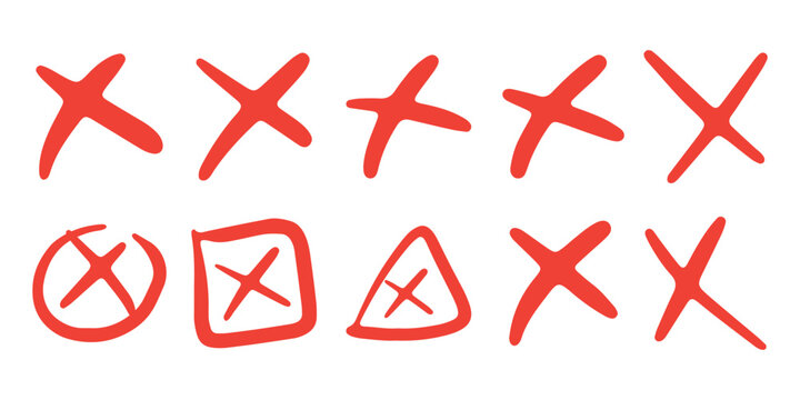 Hand drawn doodle red cross mark, x mark set