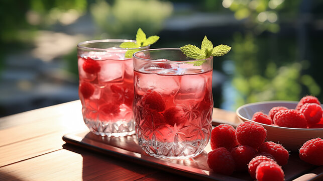 Two glasses with raspberries and ice on wooden table at summer garden