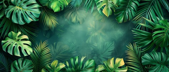 Fototapeta na wymiar Modern abstract botanical wallpaper. Handdrawn tropical plant wallpaper with foliage, palm, leaves, monstera in green watercolor. Use for covers, prints, wall art, decor.