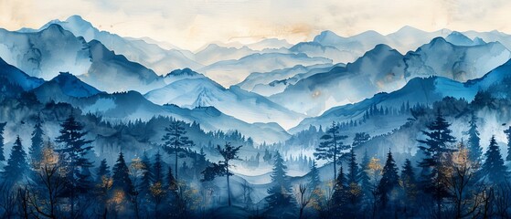 This blue mountain background modern has a watercolor brush texture. It is suitable to be used as wallpaper, wall art for home decor and prints. - obrazy, fototapety, plakaty