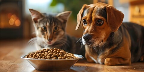 Curious cat and cautious dog cautiously eyeing the bowl of food. Concept Pets, Curiosity, Friendship, Food, Animal Behavior