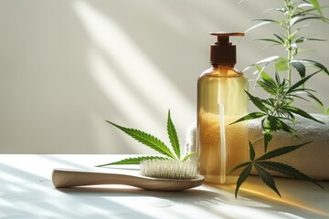 Wellness spa setting with hemp products and natural bristle brush in sunlight