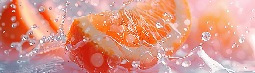 Refreshing grapefruit segments with water splashes, invigorating and juicy.