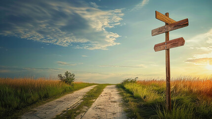 Wooden signpost at a crossroads against a sunset sky, symbolizing choice. - obrazy, fototapety, plakaty