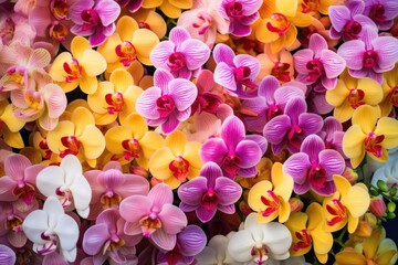 Uncommon multicolored orchids grow at home, showcasing bright yellow and pink flowers. Unique...