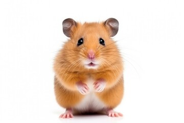 Chubby, comical hamster alone on white backdrop.