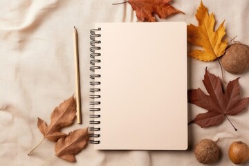 Fall themed school concept with sketchbook palette pencils leaves cinnamon on linen background Flat lay top view space to write - Powered by Adobe