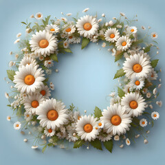 Fototapeta premium Daisy flower frame, isolated on a blue background, Spring Frame