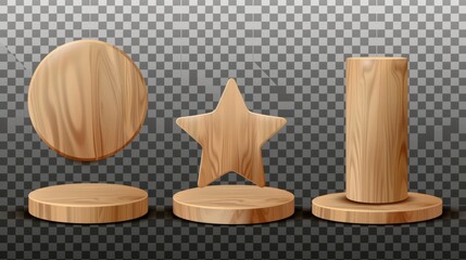 This modern presentation platform features a realistic modern presentation platform of light wood with cylinders and stars. The background is transparent.